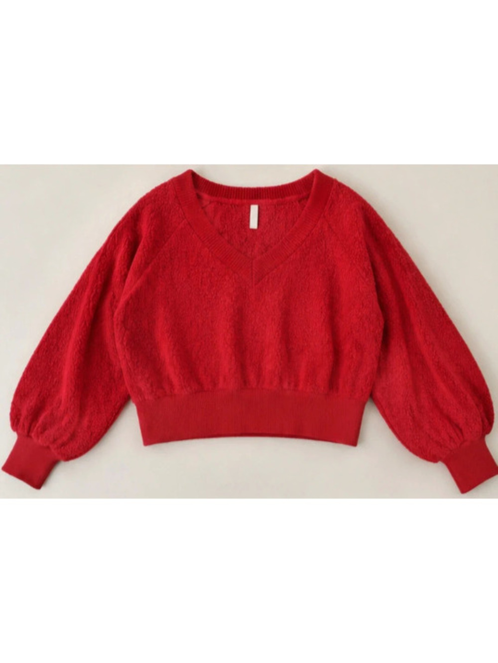 Free People Red Teddy Bouclé Balloon Sleeve Cropped Sweatshirt Sweater [COPY]